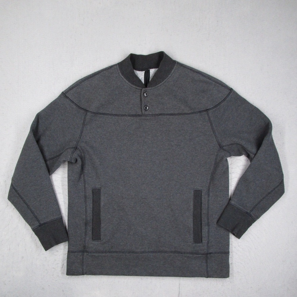 Lululemon Mens Henley Sweatshirt XL Charcoal Gray Fleece Pullover Bomber Collar